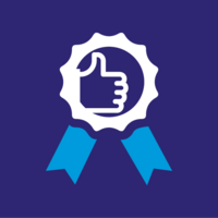 Qualitätssiegel mit Daumen-hoch-Icon: Auszeichnung für geprüfte Qualität oder Empfehlung Auszeichnungssymbol mit Daumen-hoch-Icon und blauen Bändern auf violettem Hintergrund – Qualitätssiegel, Zertifikat, Gütesiegel