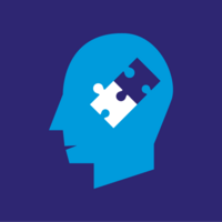 Gehirn-Puzzle Icon: Kopf-Silhouette mit Puzzle-Teilen Blaue Kopf-Silhouette im Profil mit Puzzle-Teilen im Gehirn-Bereich, türkis-violetter Farbverlauf-Hintergrund